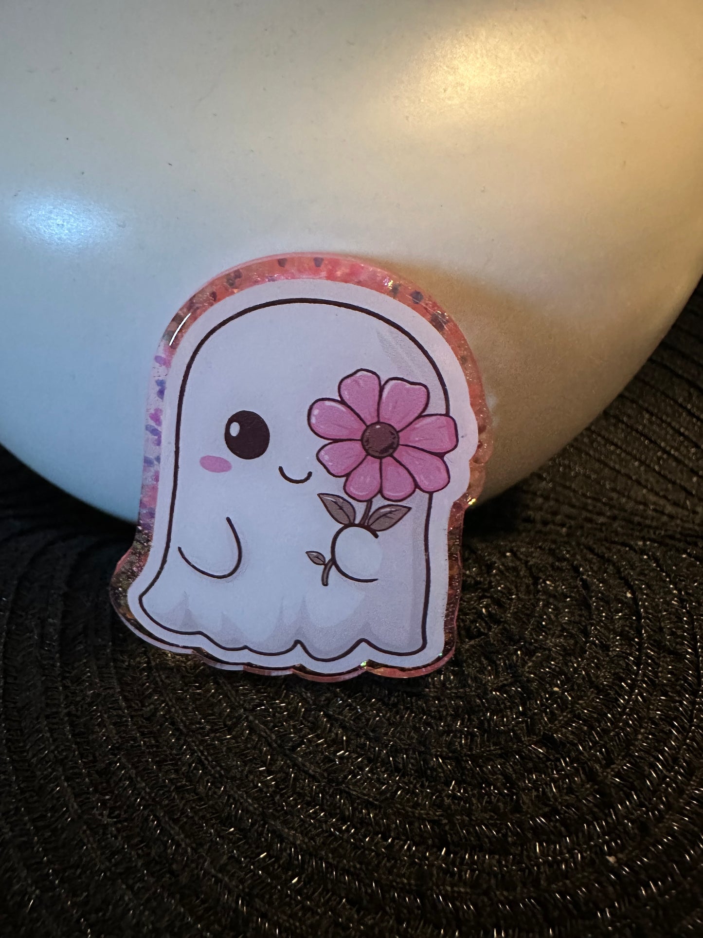 Ghost With Flower Badge Reel / Pop socket Topper
