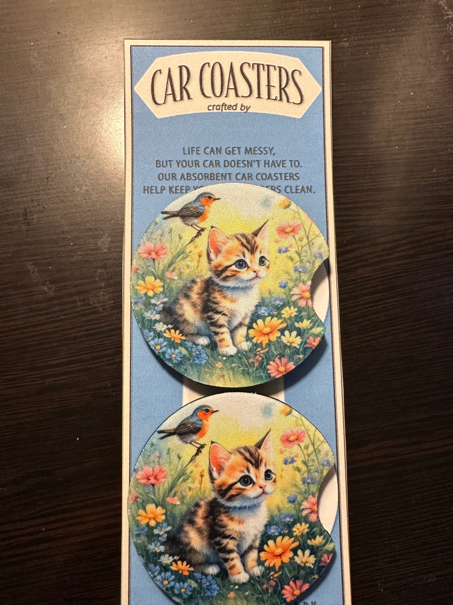 Kitten And Bird Neoprene Car Coaster Set of 2