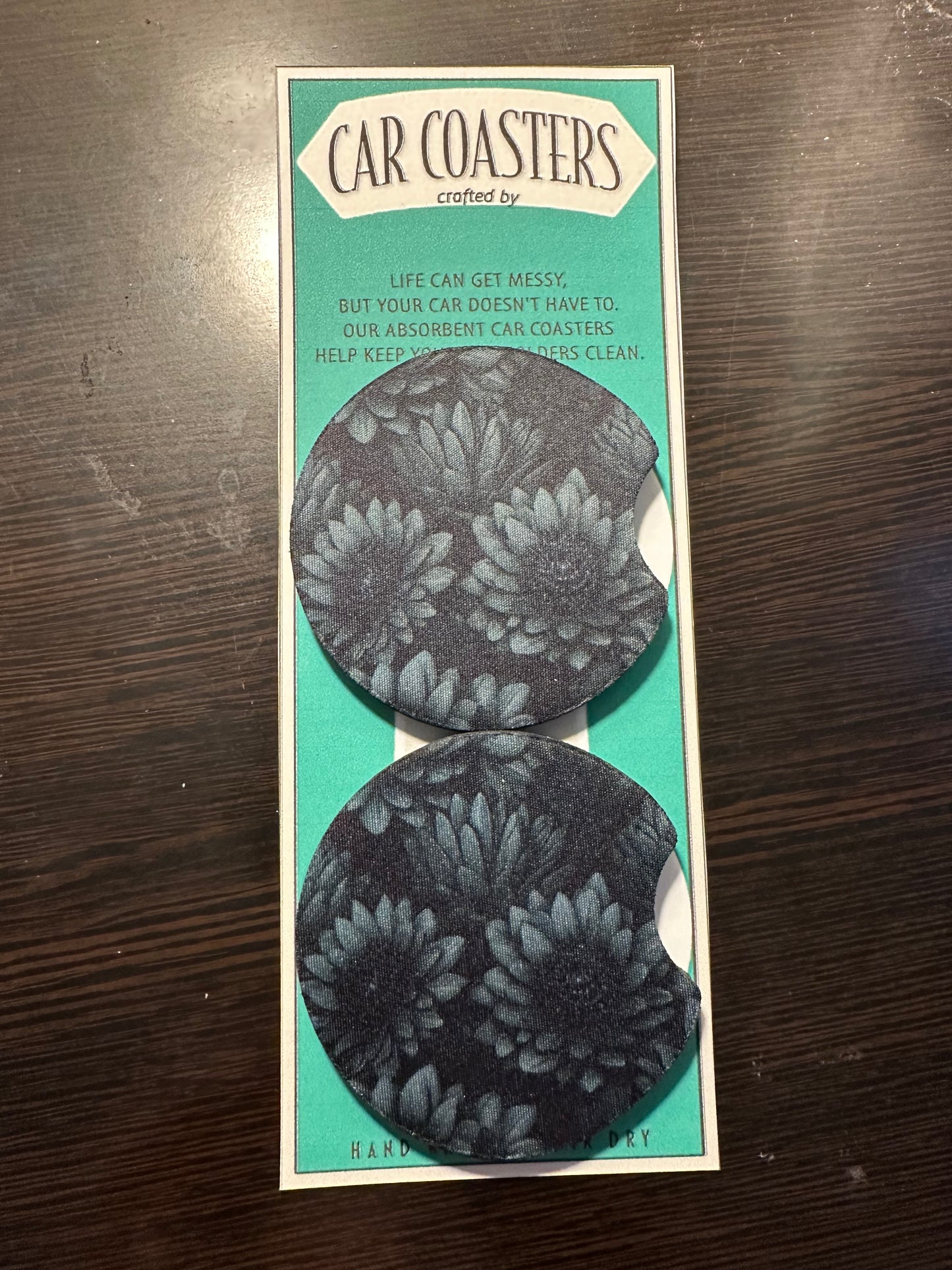 Black Floral Neoprene Car Coaster Set of 2