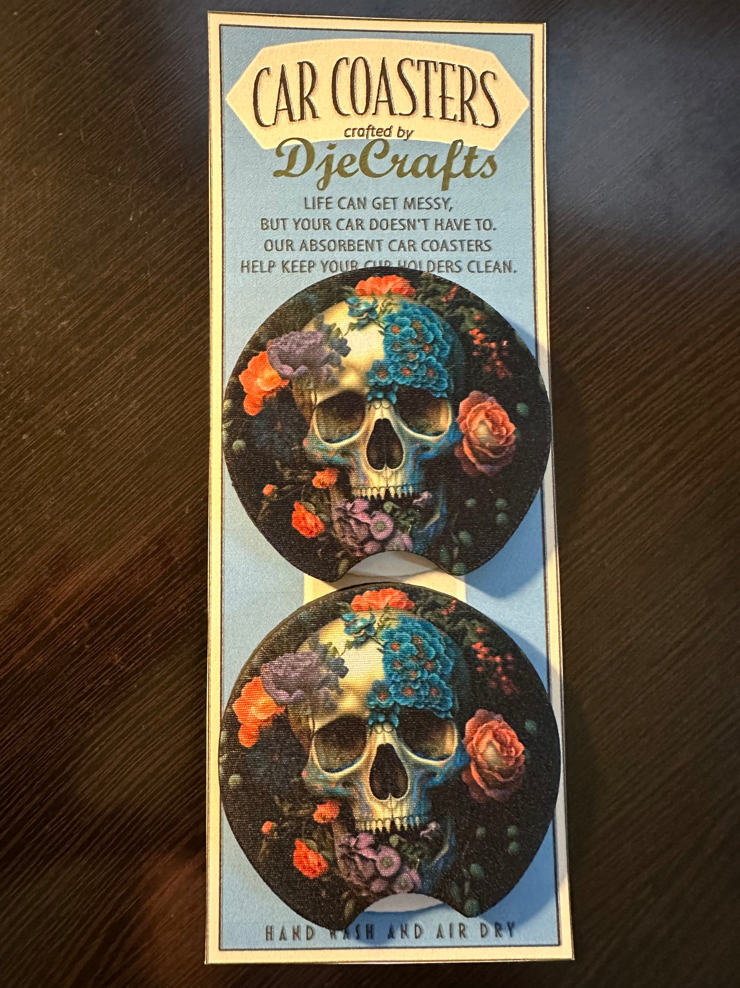 Skull With Floral Neoprene Car Coaster Set of 2