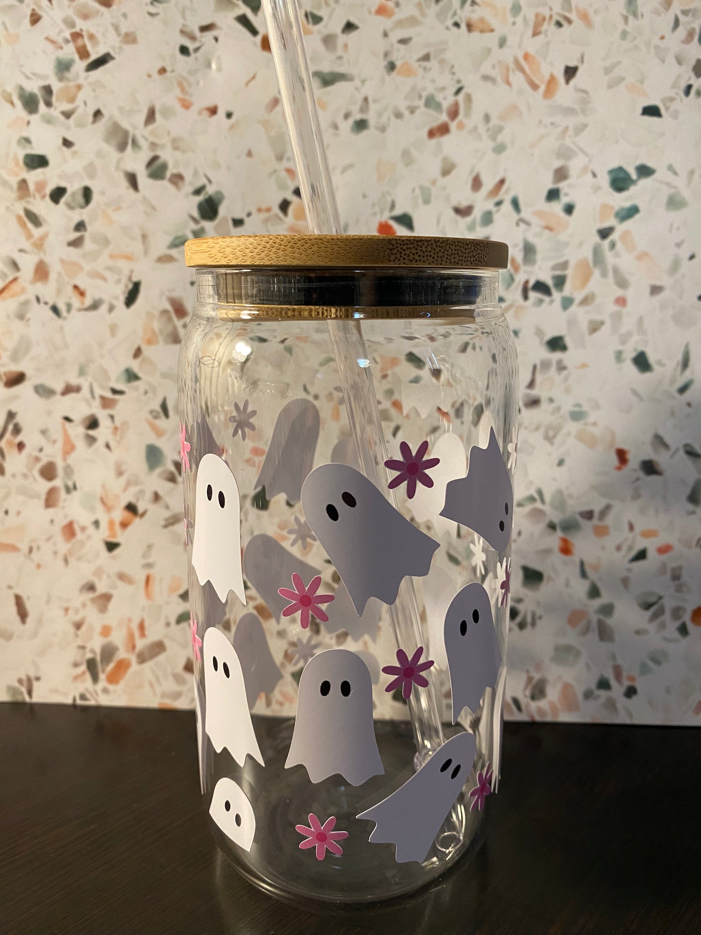 Ghost and Pink Flowers 16 Ounce Glass Libby’s