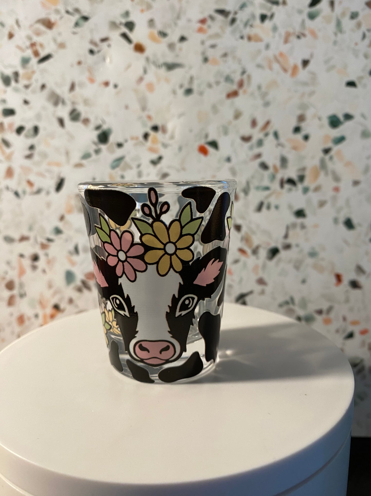 Daisy Cow 1.5 ounce shot glass