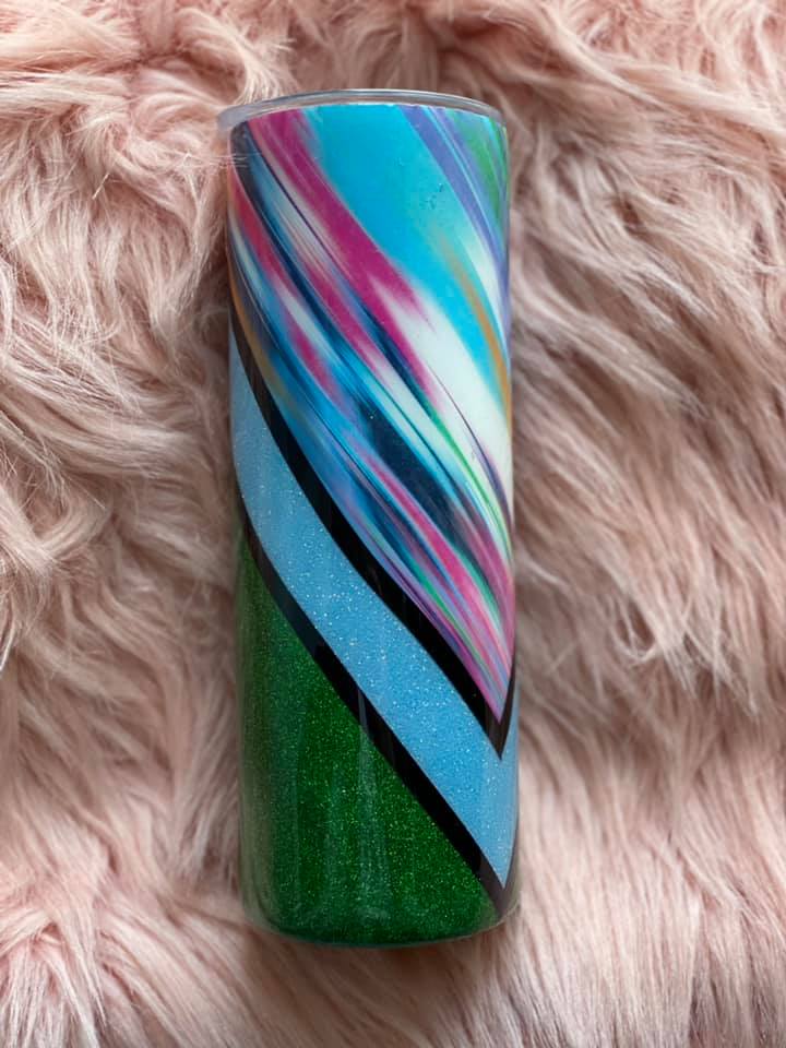 20 Ounce Skinny Epoxy Tumbler With Green Glitter v and Swirl v.
