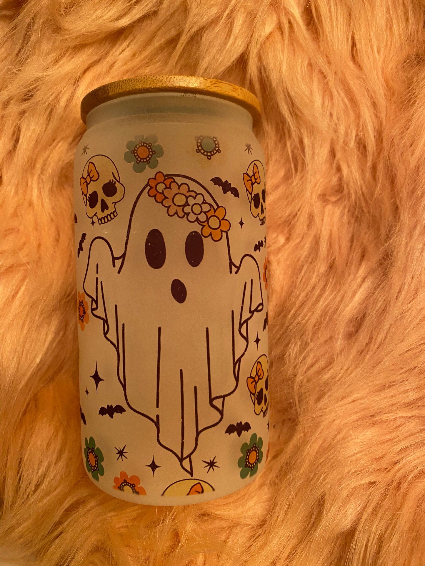 16 ounce Ghost With Skulls Frosted Glass Can