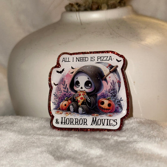Pizza And Horror Movies Badge Reel / Pop socket Topper
