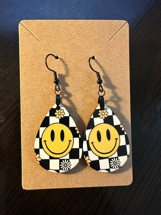 Checkered Smiley Dangle Earrings