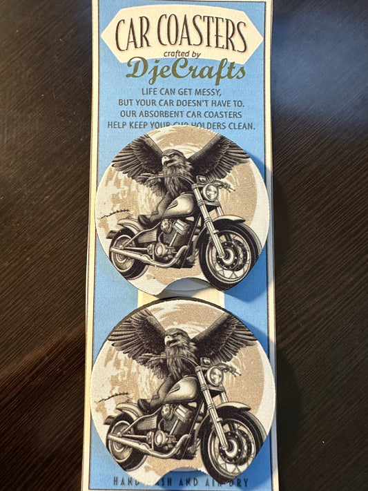 Eagle With Motorcycle Neoprene Car Coaster Set of 2