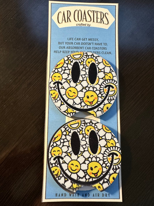 Sunflower Smiley Neoprene Car Coaster Set of 2