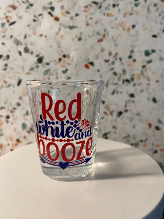 Red White And Booze 1.5 ounce shot glass