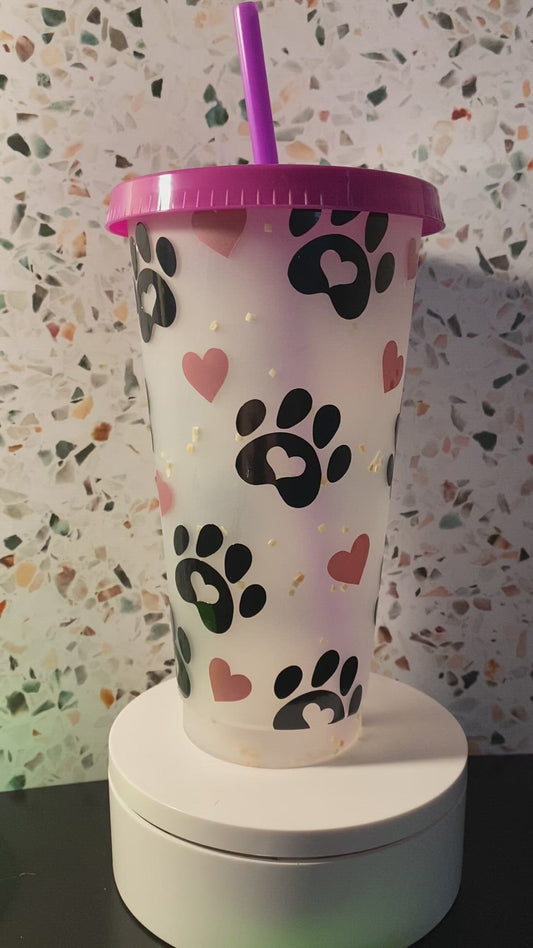 24 Ounce paw print and hearts color changing cup