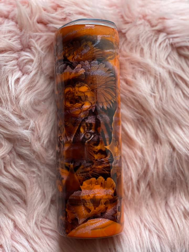 30 Ounce Skinny Tumbler With Orange and black design and a Tiger.
