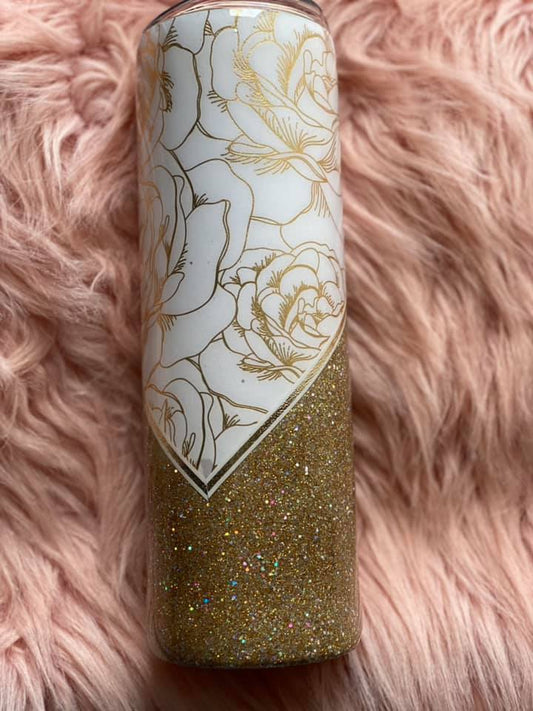 30 Ounce Skinny Tumbler With Gold Flowers and Glitter