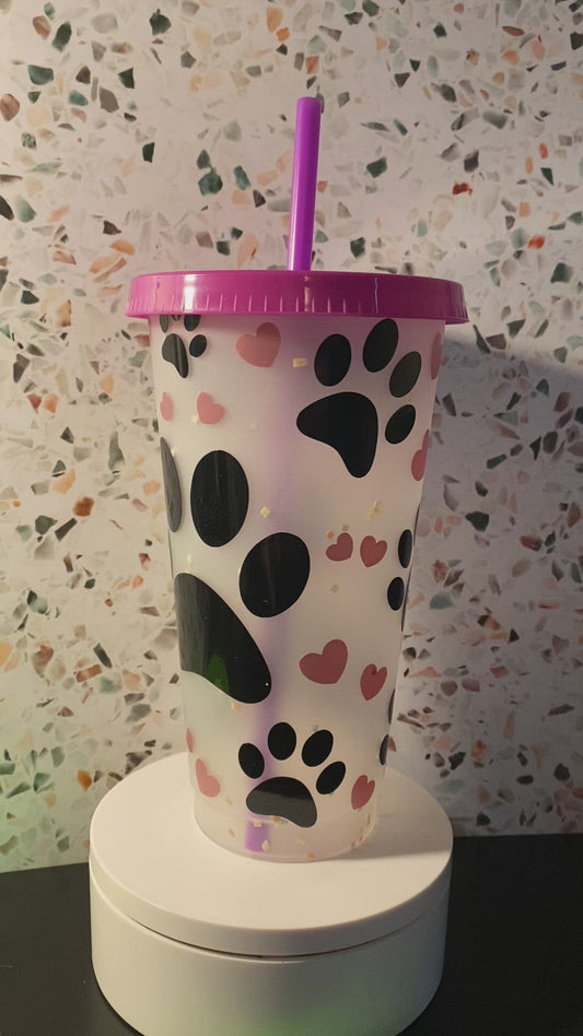 24 Ounce Paw print and hearts color changing cup