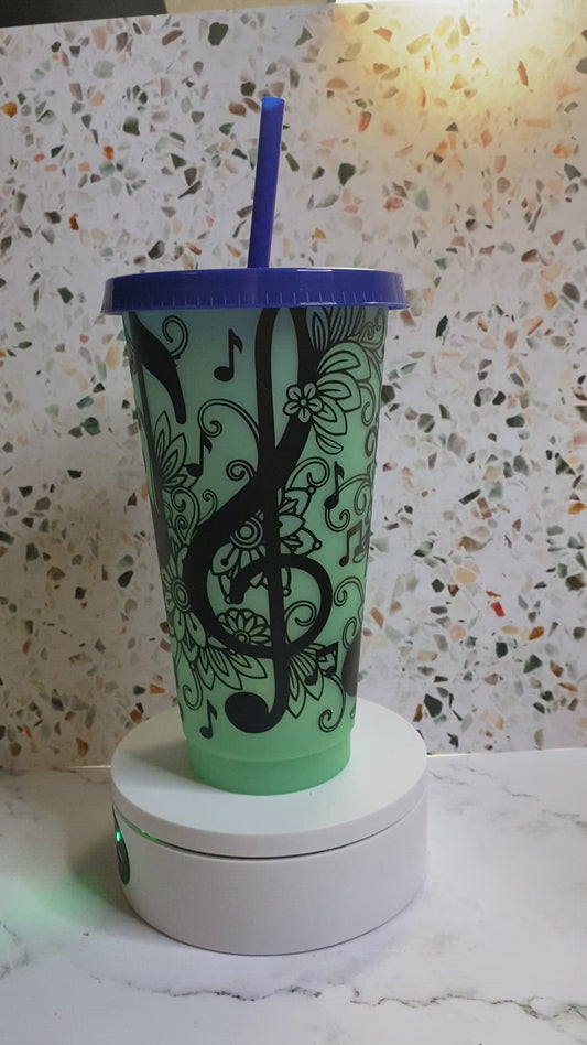 24 ounce flower and music note color changing tumbler