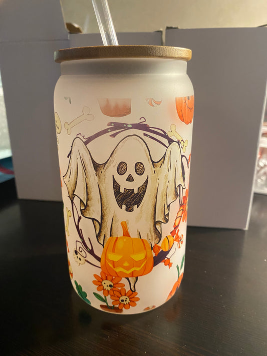 16 ounce Ghost With Pumpkins Frosted Glass Can