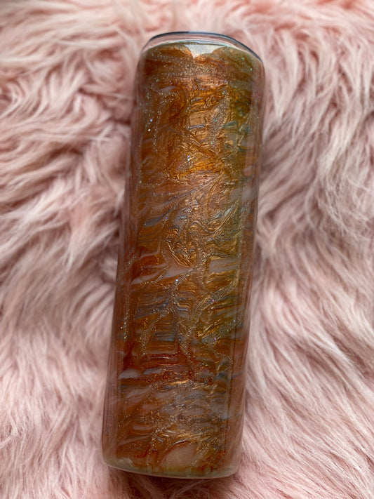 30 ounce skinny tumbler with a brown swirl design.