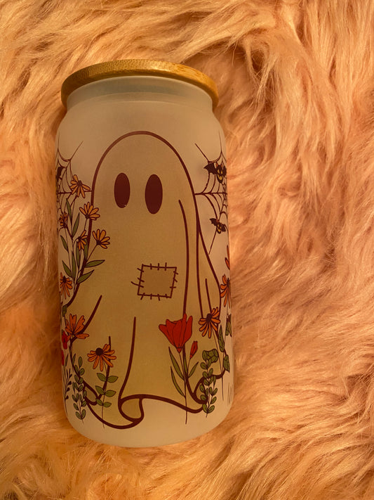 16 ounce Ghost With Spiderwebs Frosted Glass Can