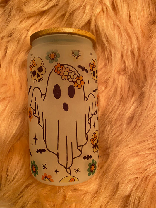 16 ounce Ghost With Skulls Frosted Glass Can