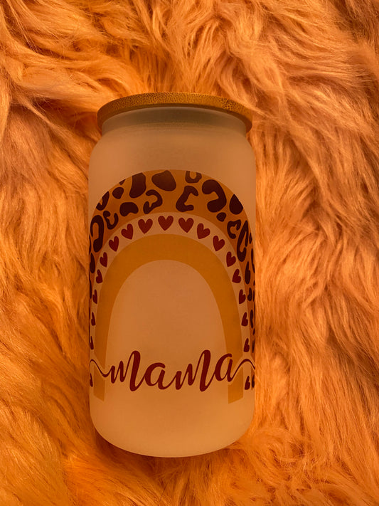 16 ounce leopard Mama Rainbow Frosted Glass Can