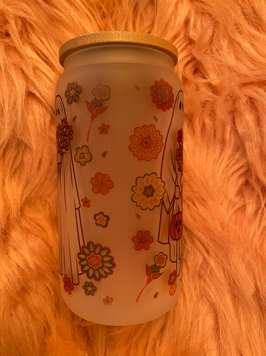 16 ounce Floral Ghost Frosted Glass Can